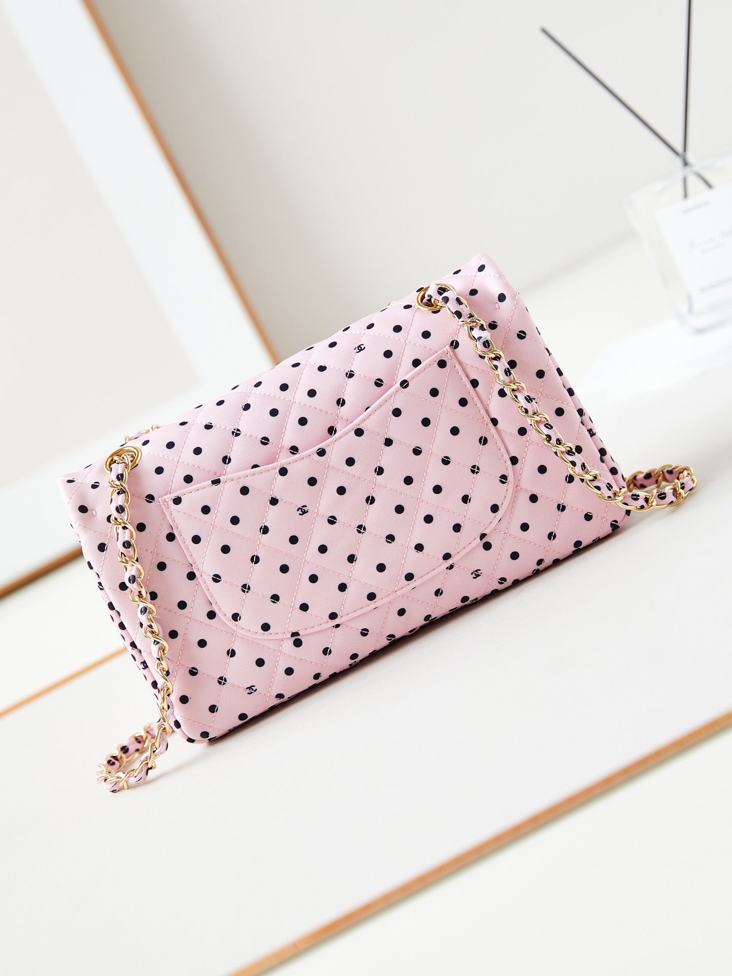 24P MEDIUM FLAP BAG 25CM PINK CANVAS BLACK POLKA DOT