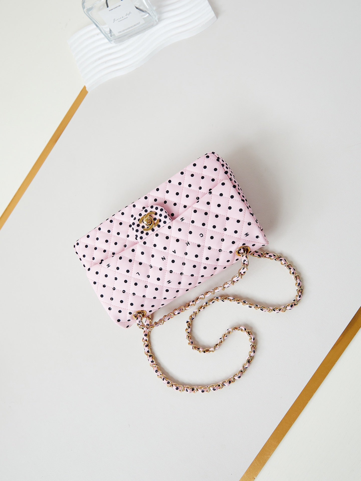 24P MEDIUM FLAP BAG 25CM PINK CANVAS BLACK POLKA DOT