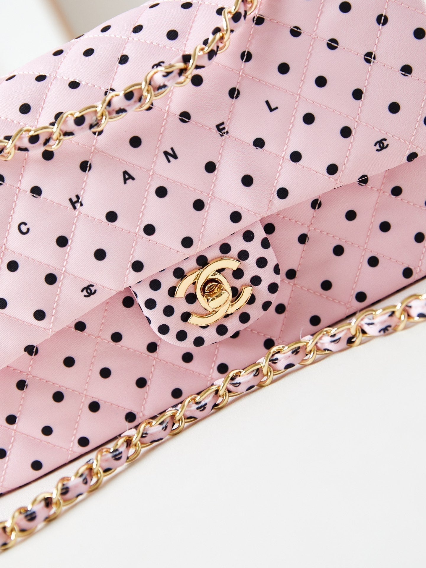 24P MEDIUM FLAP BAG 25CM PINK CANVAS BLACK POLKA DOT