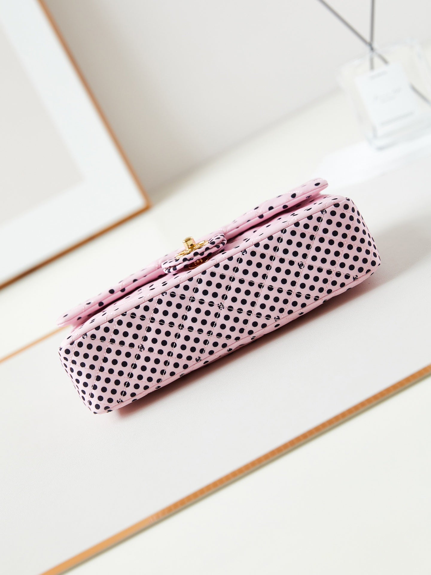 24P MEDIUM FLAP BAG 25CM PINK CANVAS BLACK POLKA DOT