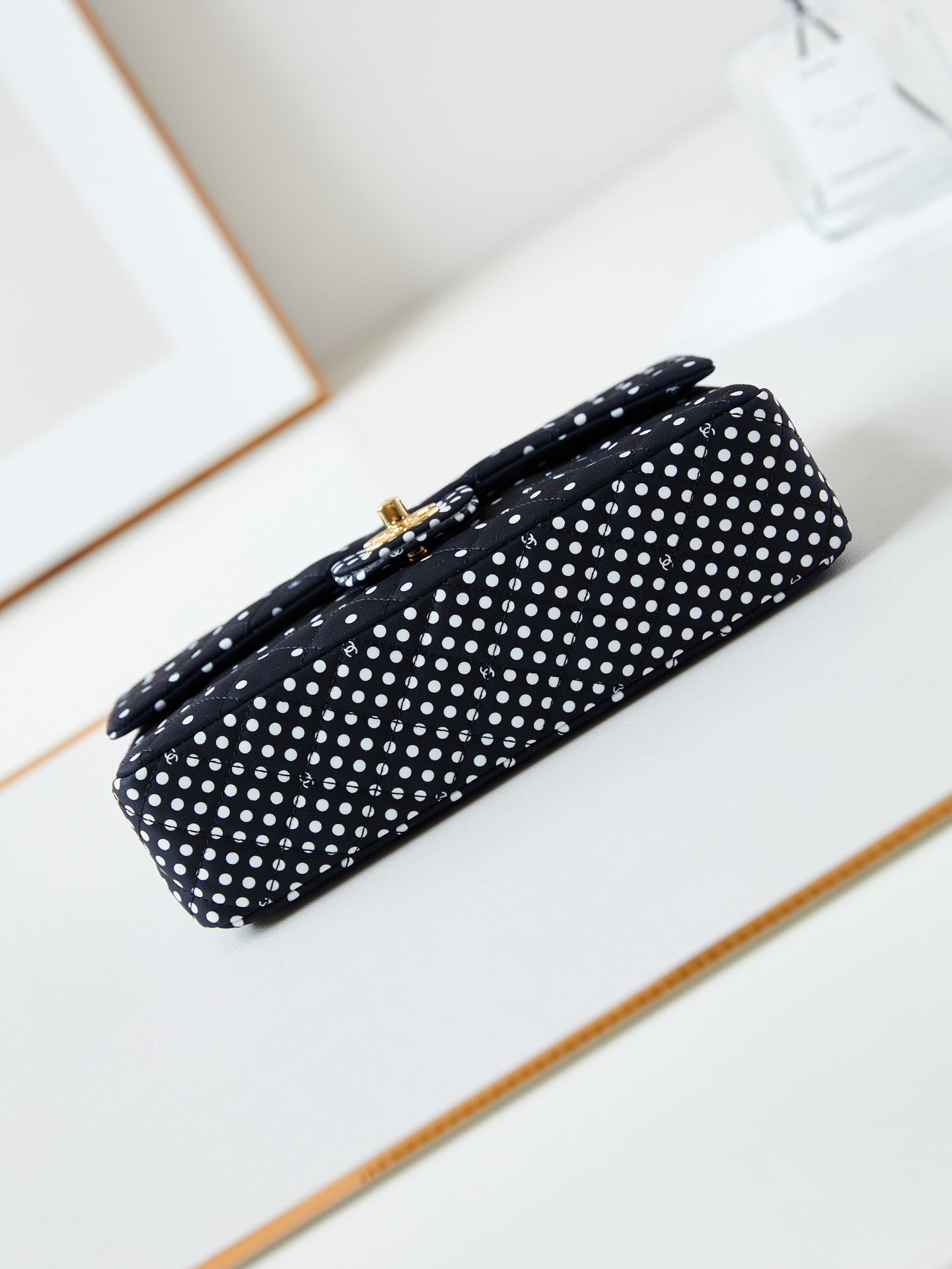 24P MEDIUM FLAP BAG 25CM BLACK CANVAS WHITE POLKA DOT