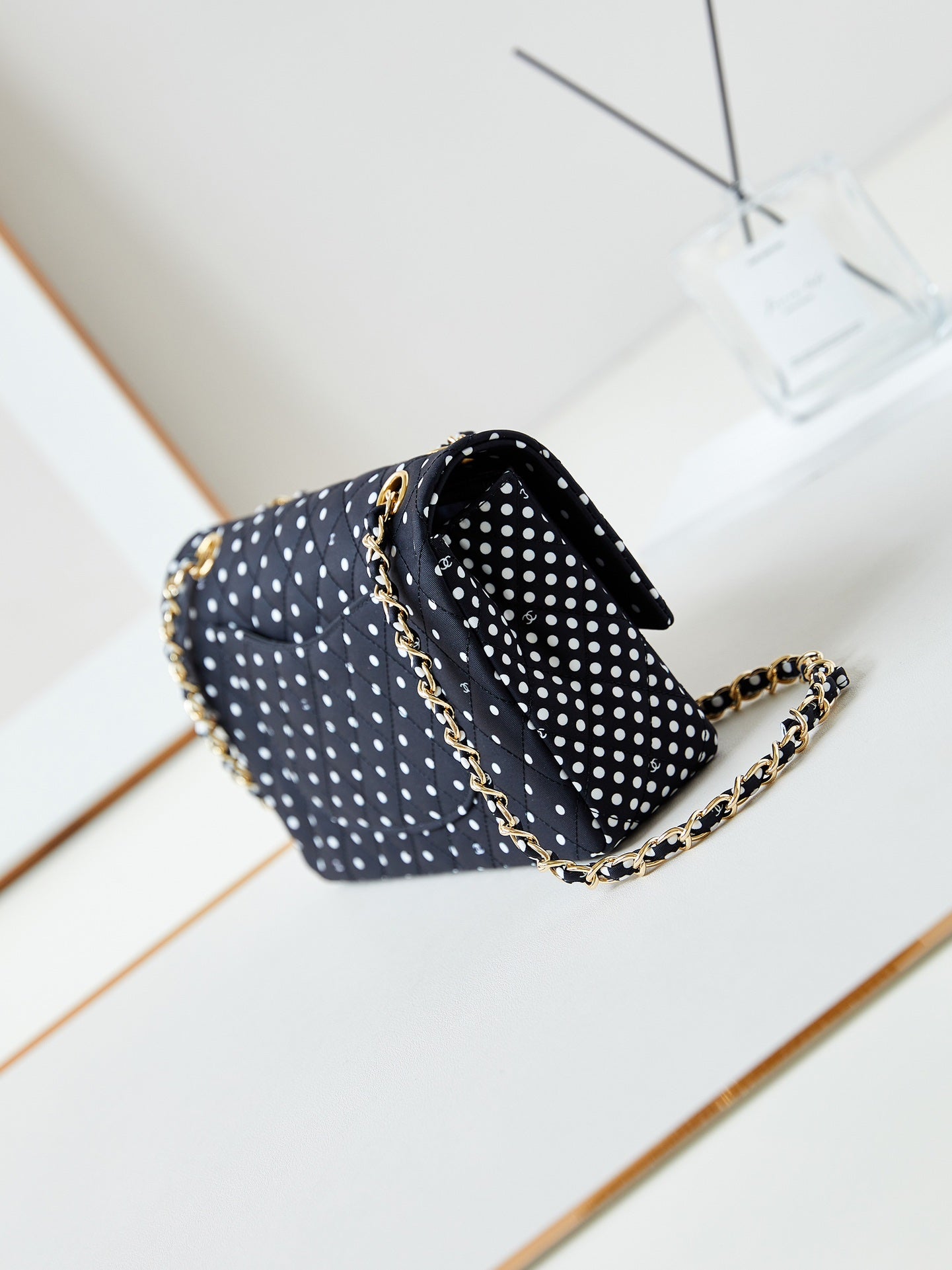 24P MEDIUM FLAP BAG 25CM BLACK CANVAS WHITE POLKA DOT