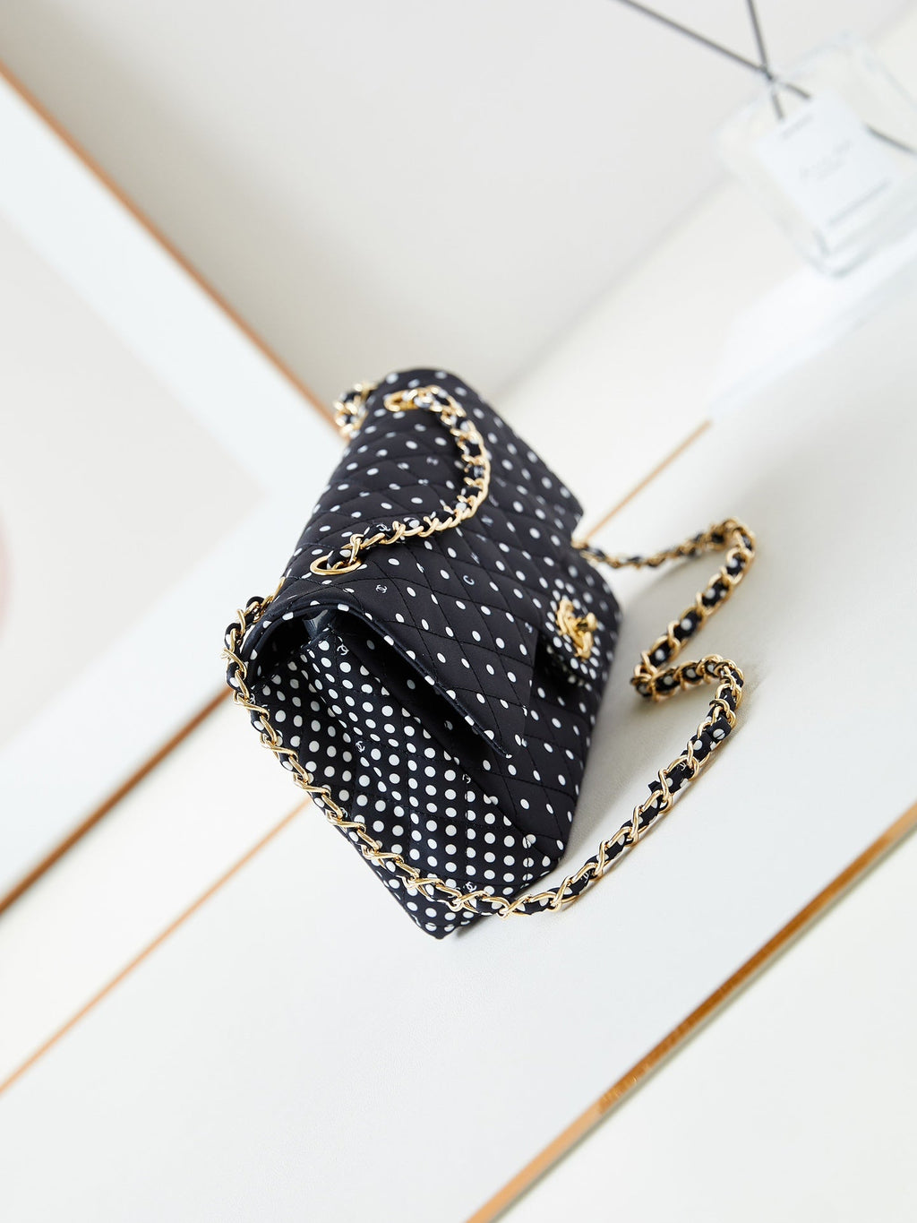 24P MEDIUM FLAP BAG 25CM BLACK CANVAS WHITE POLKA DOT