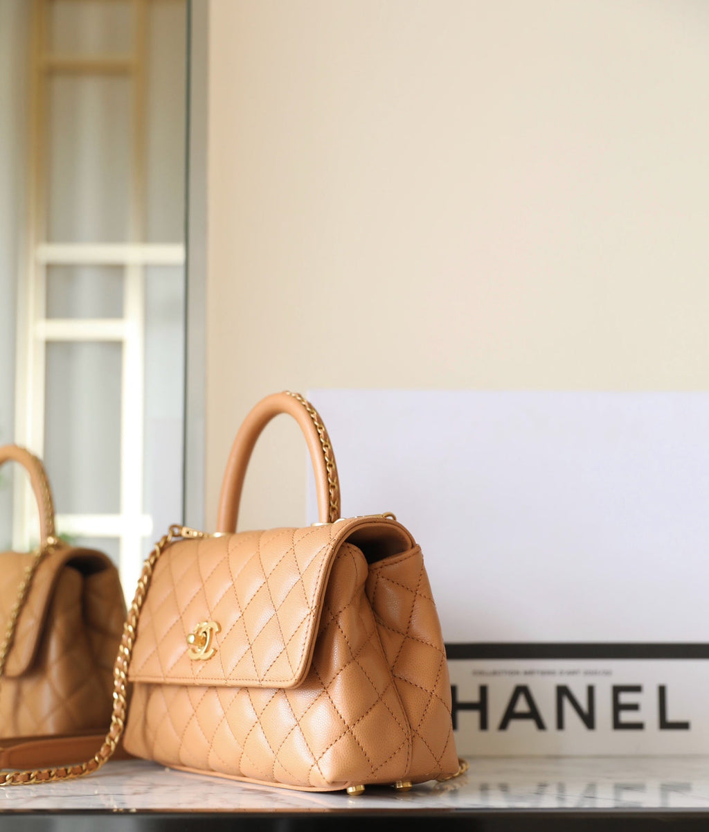 COCO HANDLE FLAP BAG 24CM BROWN QUILTED CAVIAR LEATHER