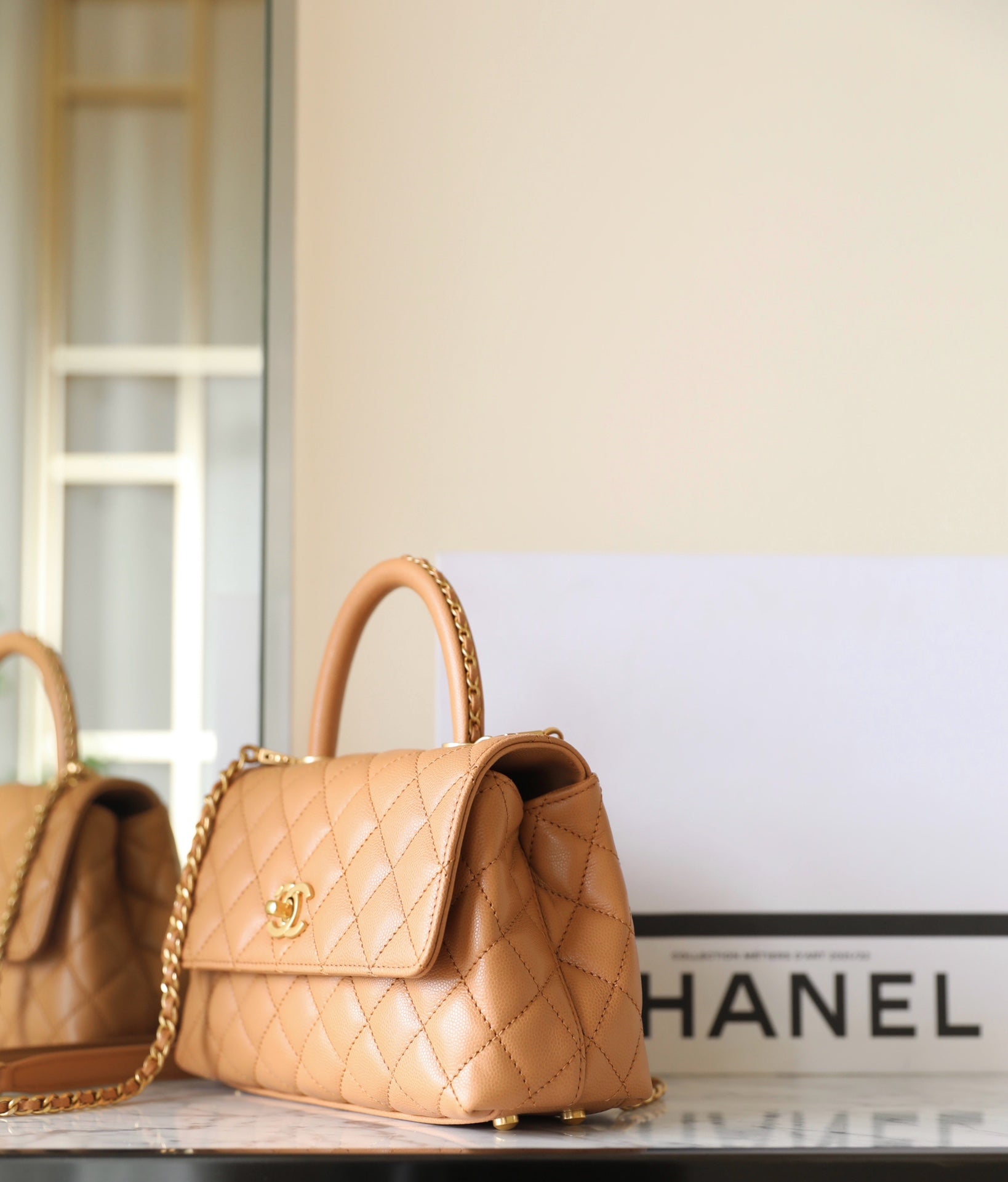 COCO HANDLE FLAP BAG 24CM BROWN QUILTED CAVIAR LEATHER