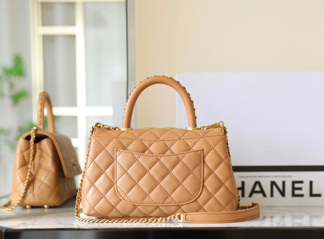 COCO HANDLE FLAP BAG 24CM BROWN QUILTED CAVIAR LEATHER