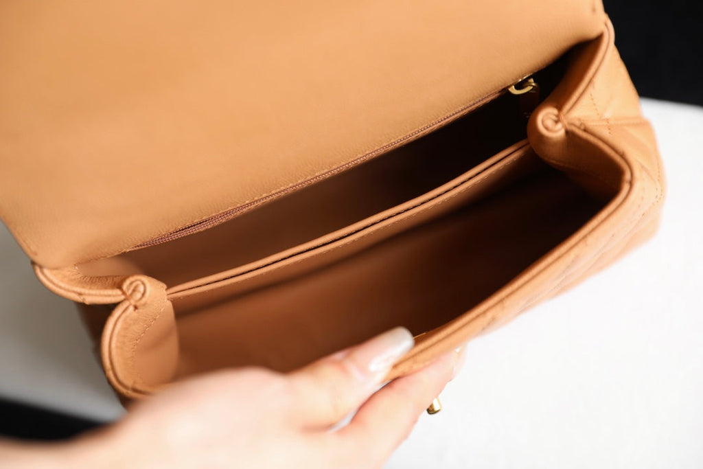 COCO HANDLE FLAP BAG 24CM BROWN QUILTED CAVIAR LEATHER