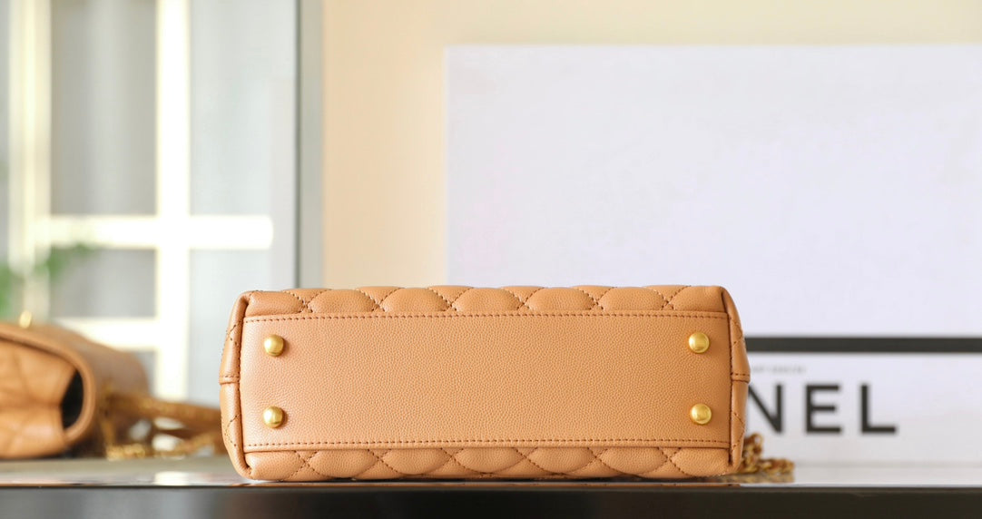 COCO HANDLE FLAP BAG 24CM BROWN QUILTED CAVIAR LEATHER