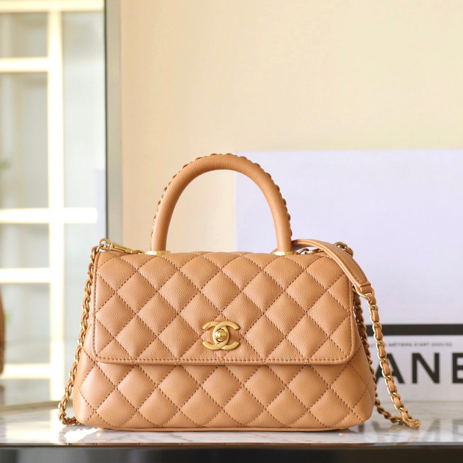 COCO HANDLE FLAP BAG 24CM BROWN QUILTED CAVIAR LEATHER