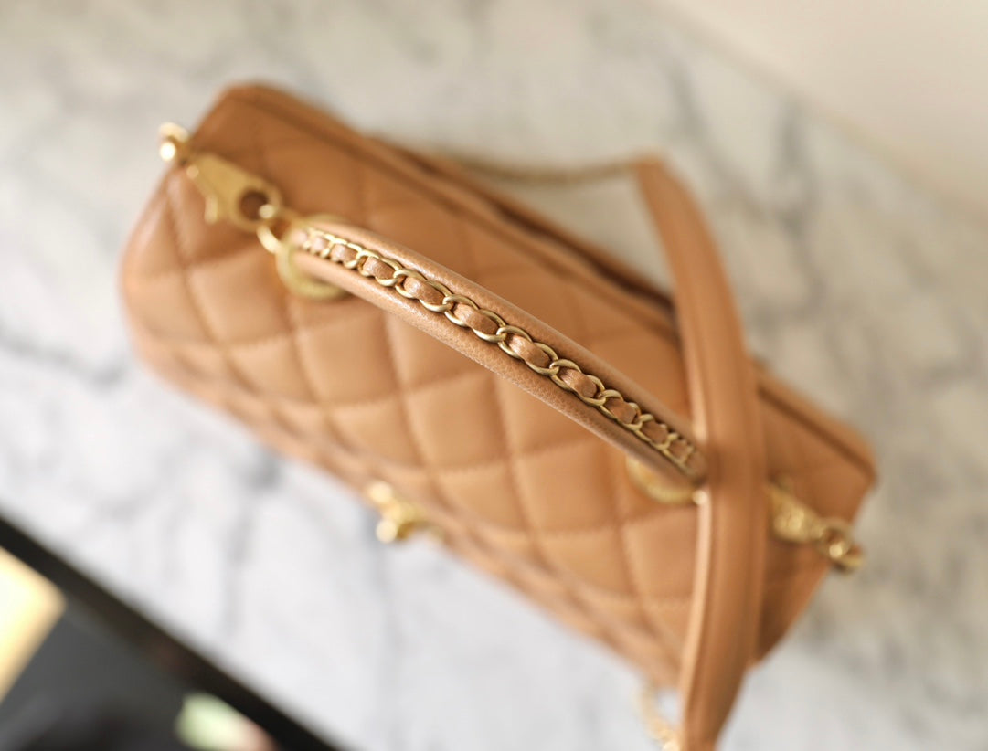 COCO HANDLE FLAP BAG 24CM BROWN QUILTED CAVIAR LEATHER