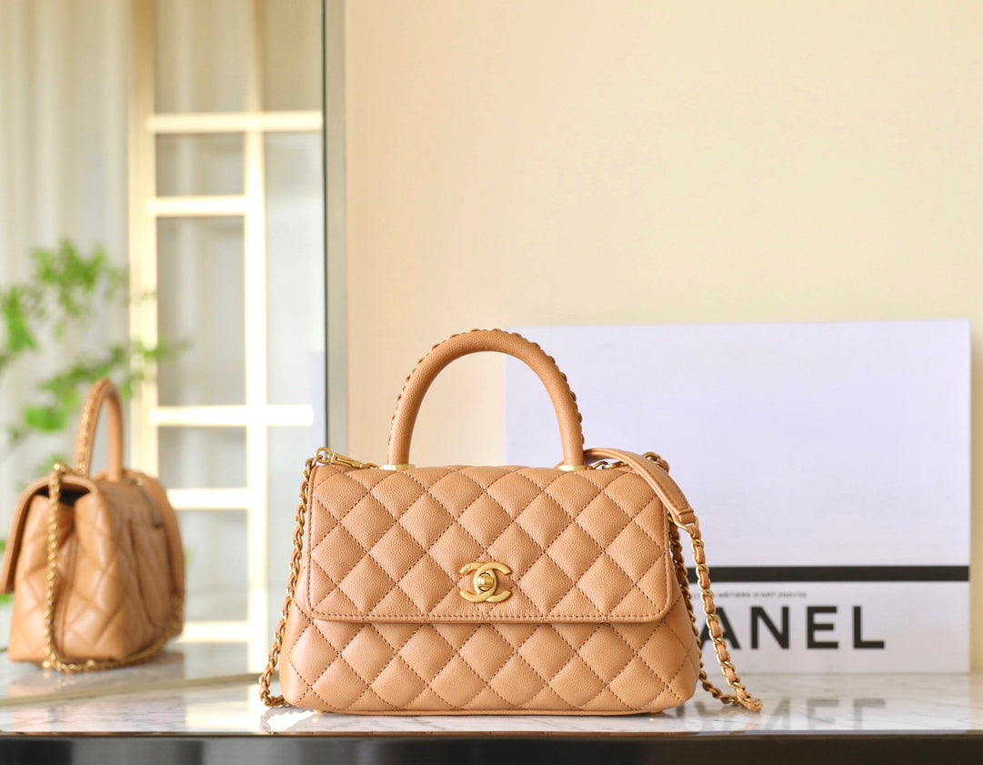 COCO HANDLE FLAP BAG 24CM BROWN QUILTED CAVIAR LEATHER