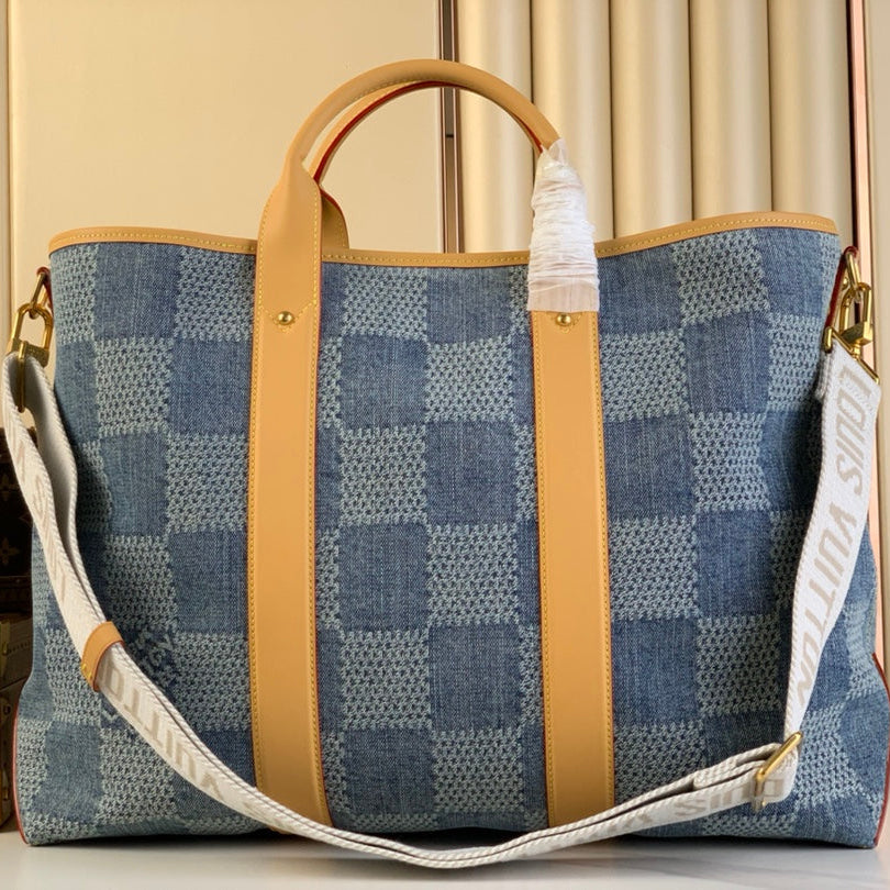 SAC CABAS WEEK-END 43 EN DENIM BLEU DAMIER 3D
