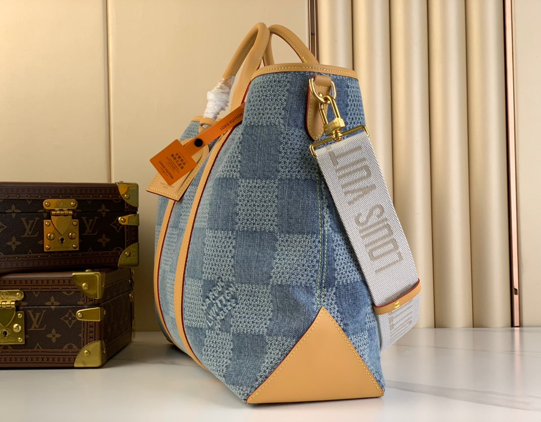 SAC CABAS WEEK-END 43 EN DENIM BLEU DAMIER 3D