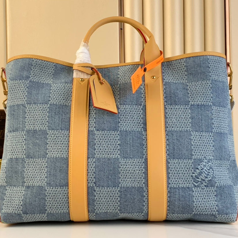 SAC CABAS WEEK-END 43 EN DENIM BLEU DAMIER 3D
