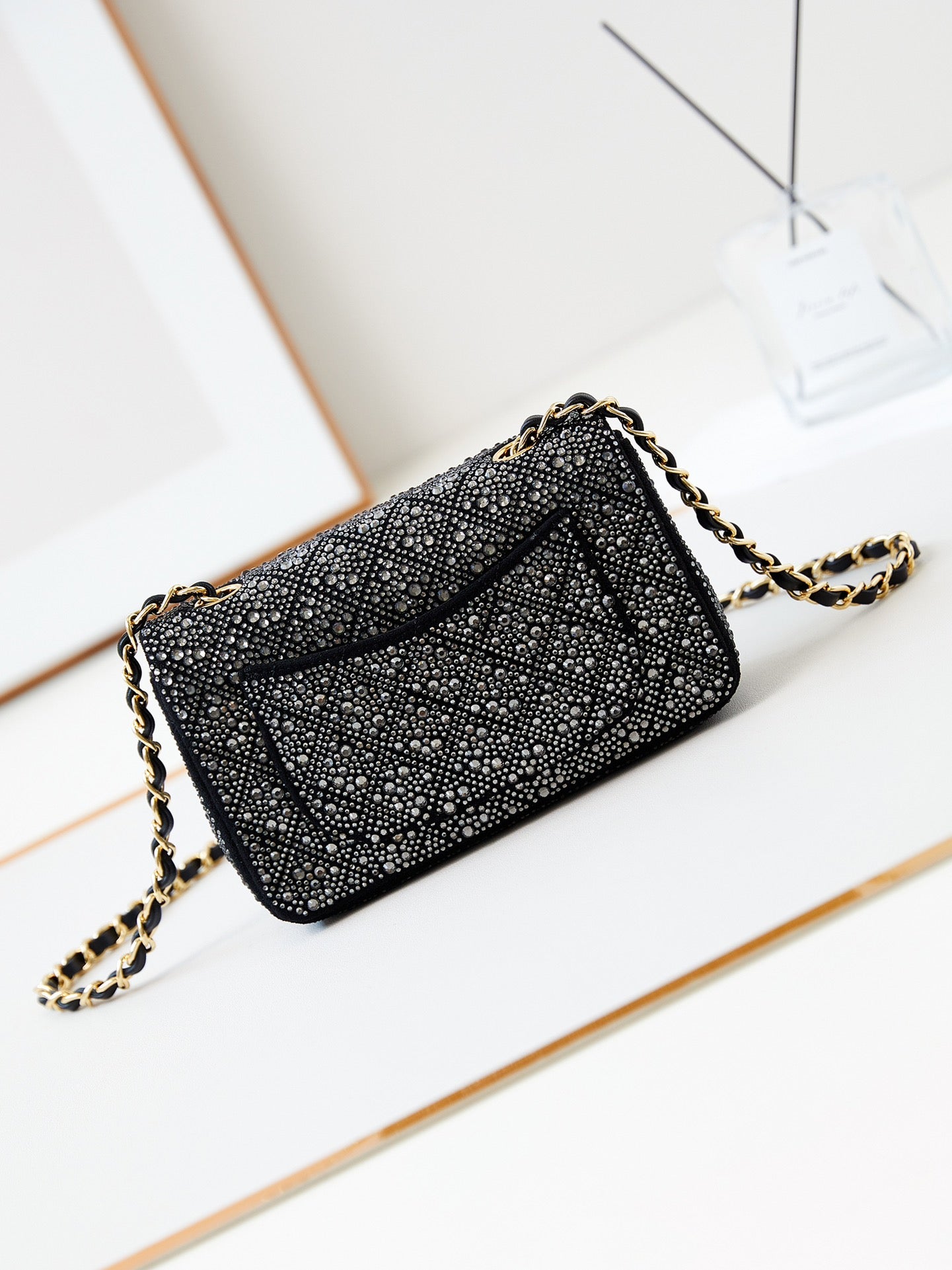 24B MINI FLAP BAG  20CM BLACK LAMBSKIN SILVER DIAMOND
