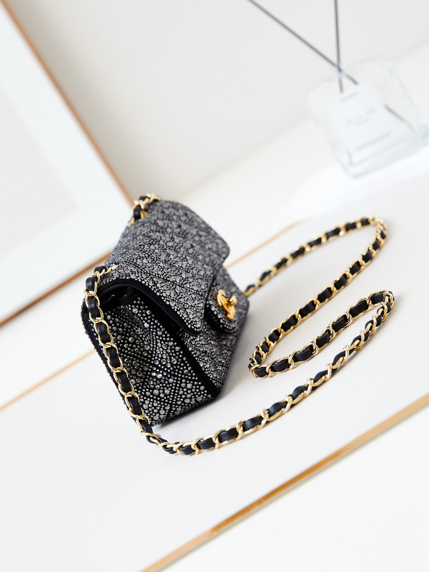 24B MINI FLAP BAG  20CM BLACK LAMBSKIN SILVER DIAMOND