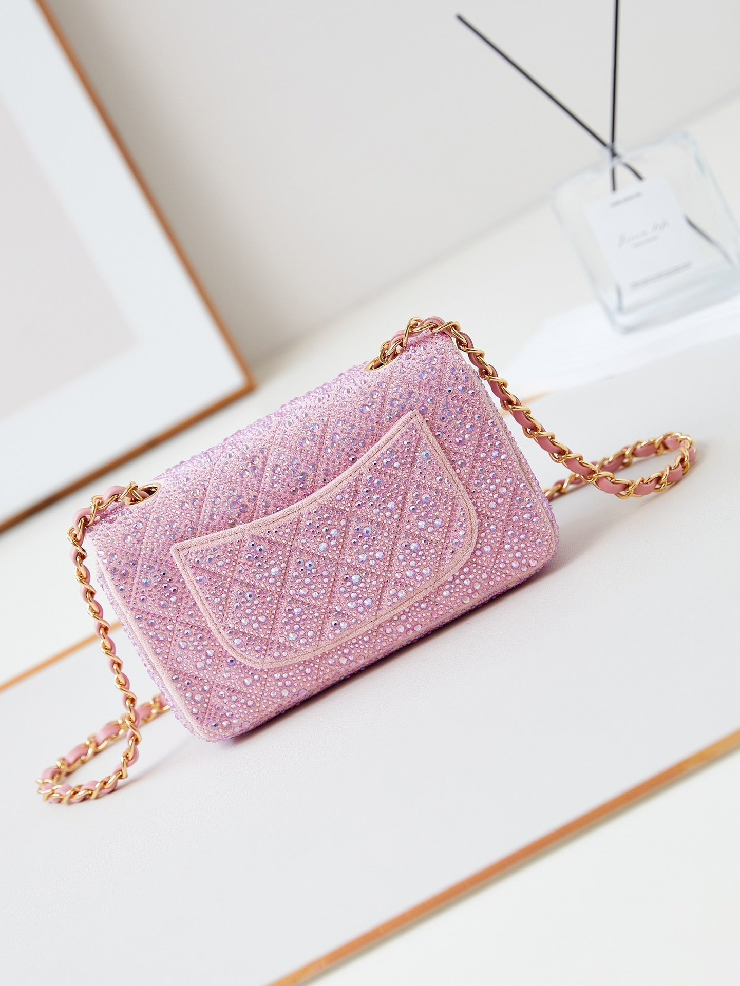 24B MINI FLAP BAG  20CM PINK LAMBSKIN SILVER PURPLE DIAMOND