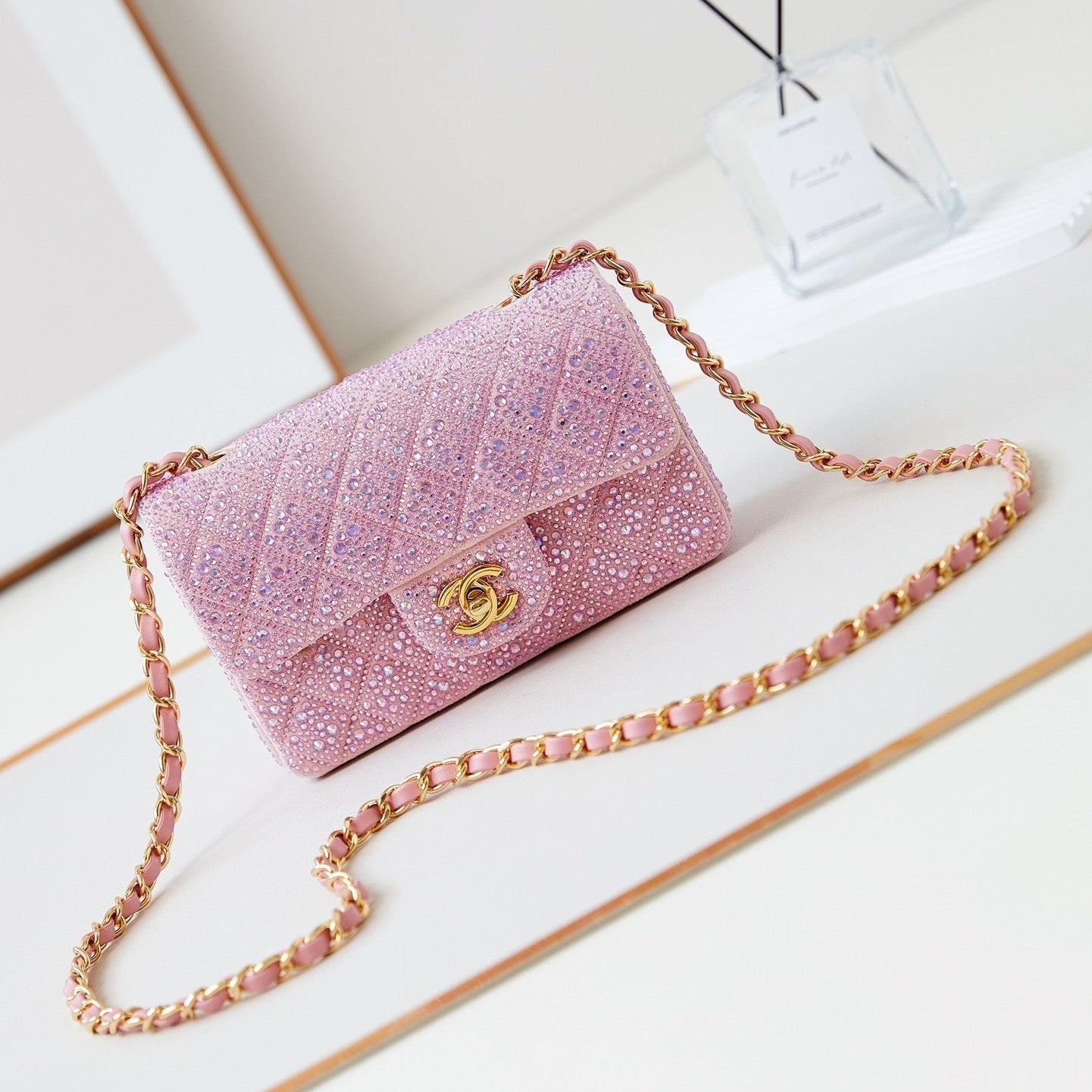 24B MINI FLAP BAG  20CM PINK LAMBSKIN SILVER PURPLE DIAMOND