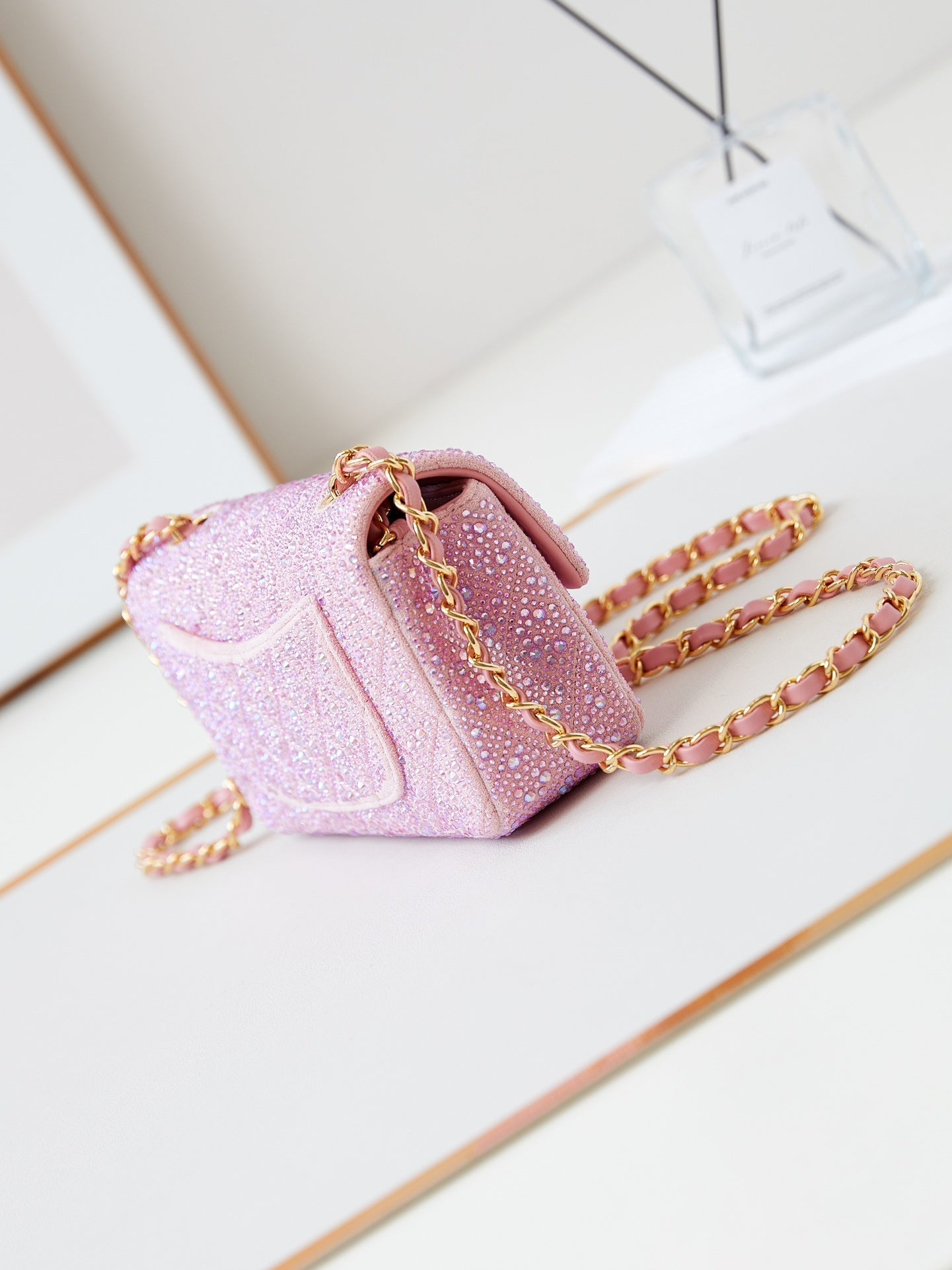 24B MINI FLAP BAG  20CM PINK LAMBSKIN SILVER PURPLE DIAMOND
