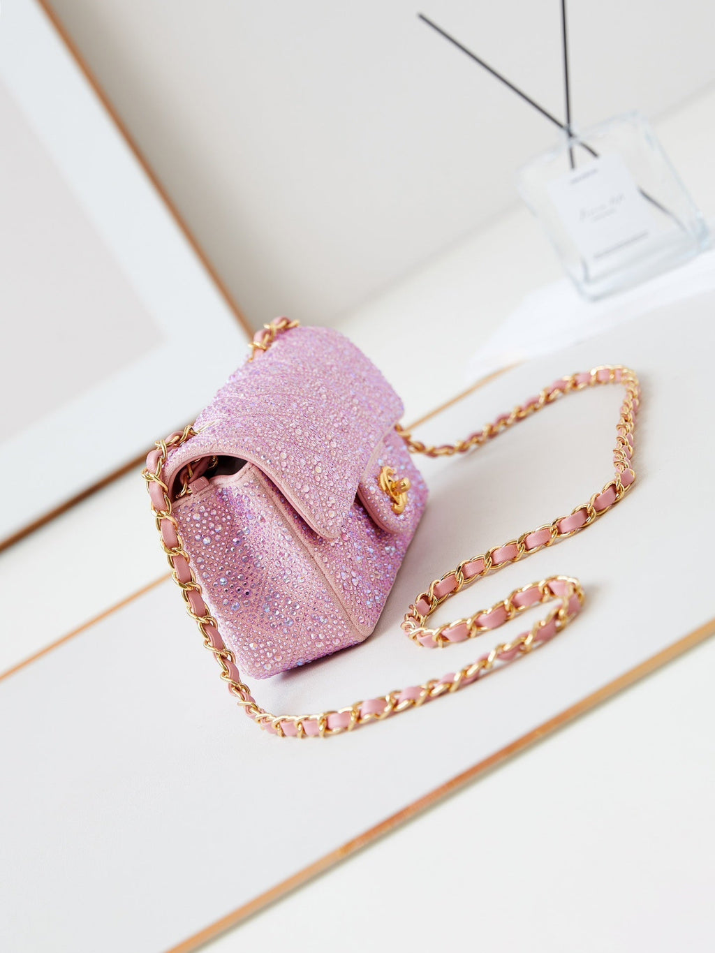 24B MINI SAC À RABAT 20CM CUIR D'AGNEAU ROSE ARGENT VIOLET DIAMANT