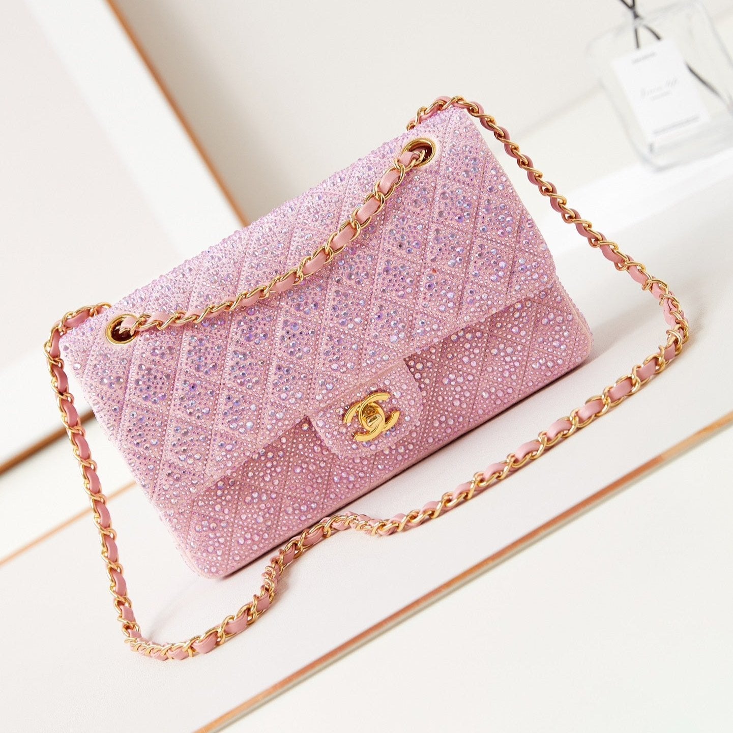 24B MEDIUM FLAP BAG 25CM PINK LAMBSKIN SILVER PURPLE DIAMOND