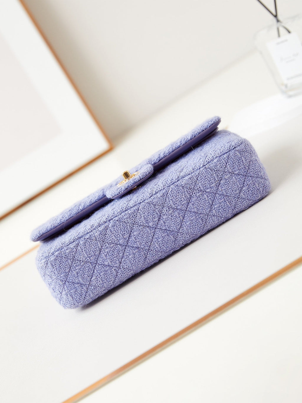 24P MEDIUM FLAP BAG 25CM PURPLE BLUE TWEED GOLD HARDWARE