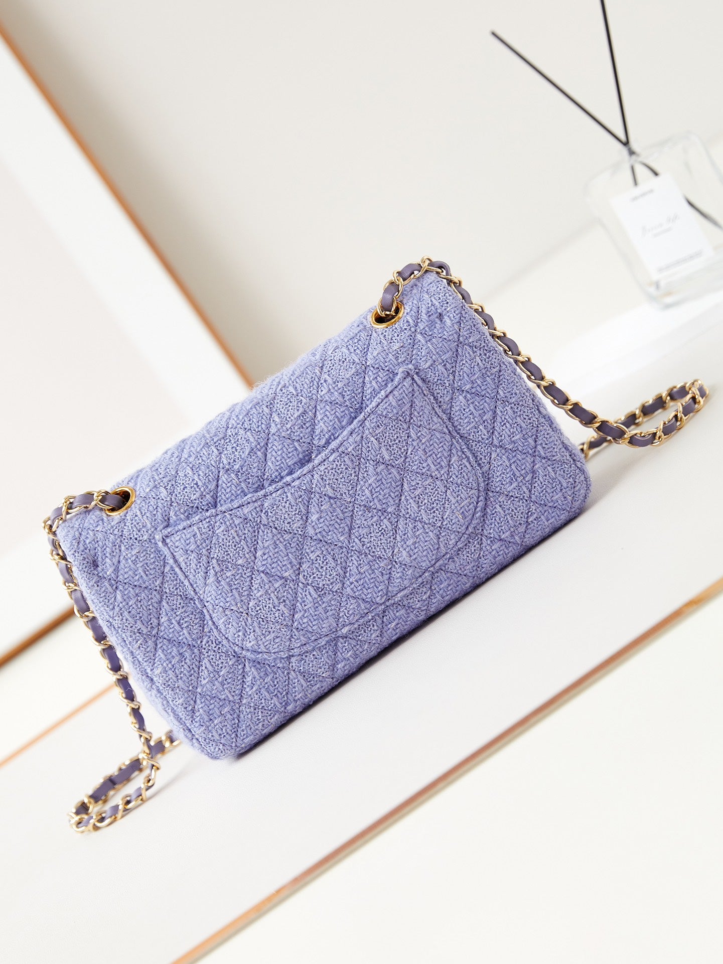 24P MEDIUM FLAP BAG 25CM PURPLE BLUE TWEED GOLD HARDWARE