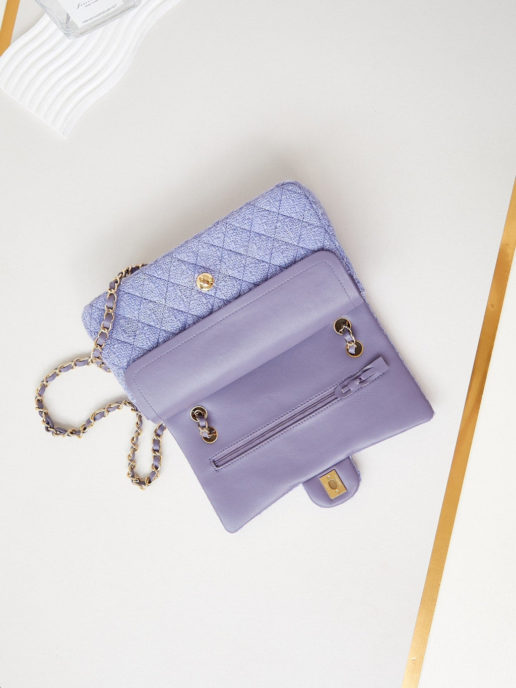24P MEDIUM FLAP BAG 25CM PURPLE BLUE TWEED GOLD HARDWARE
