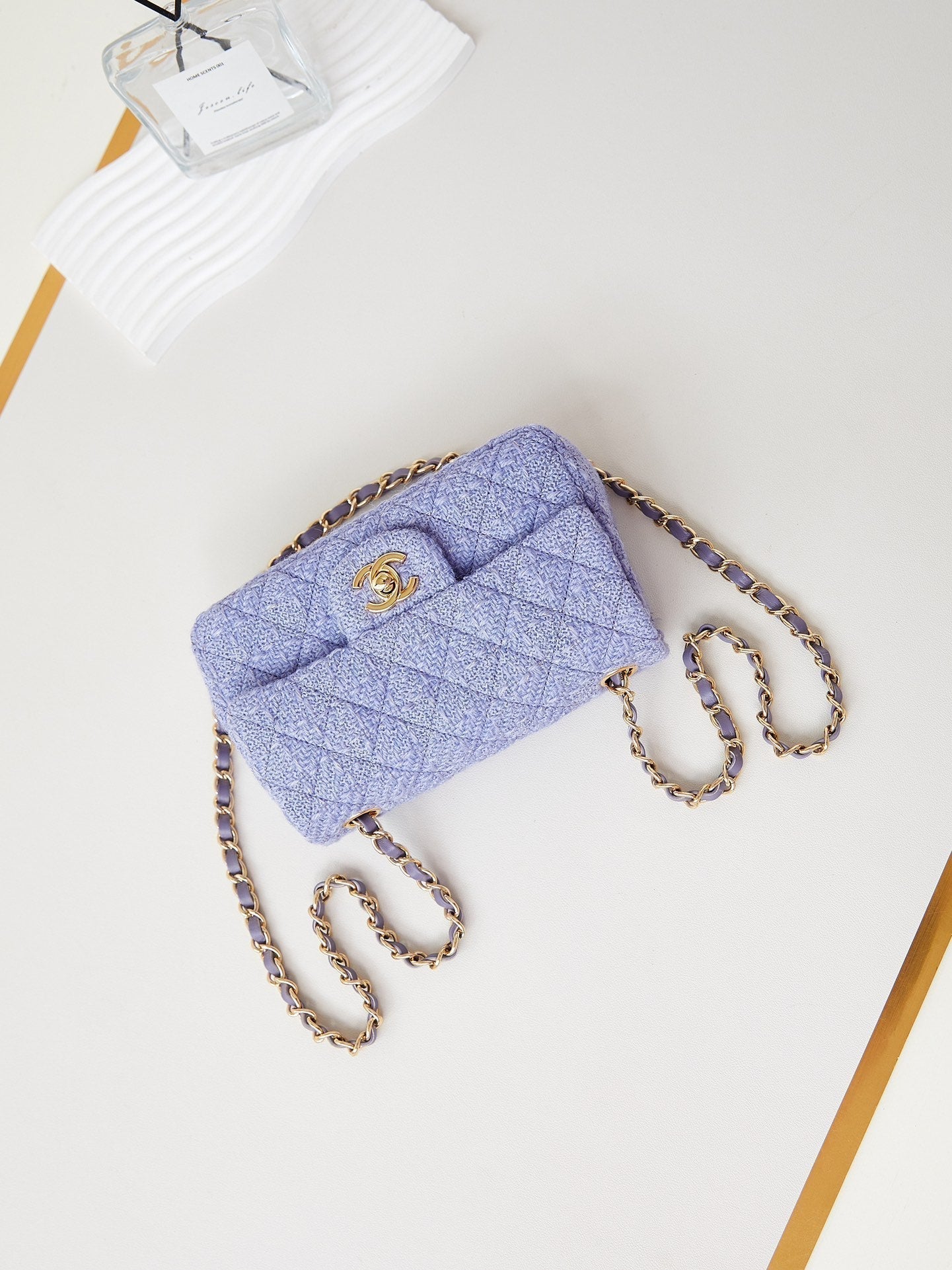24P SMALL FLAP BAG 20CM PURPLE BLUE TWEED GOLD HARDWARE