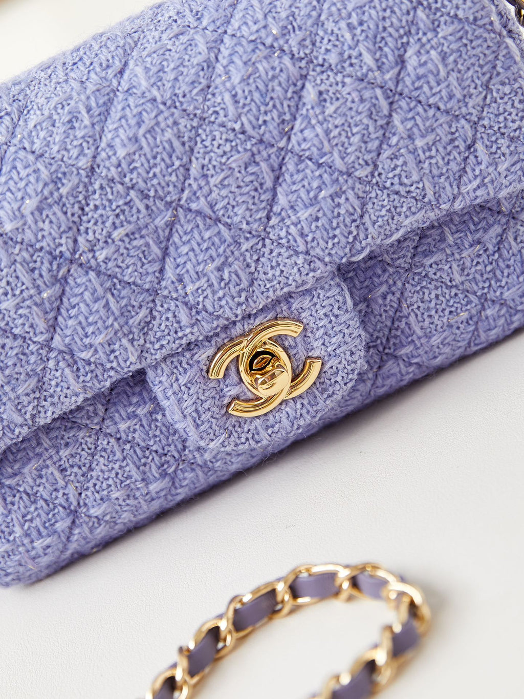 24P SMALL FLAP BAG 20CM PURPLE BLUE TWEED GOLD HARDWARE
