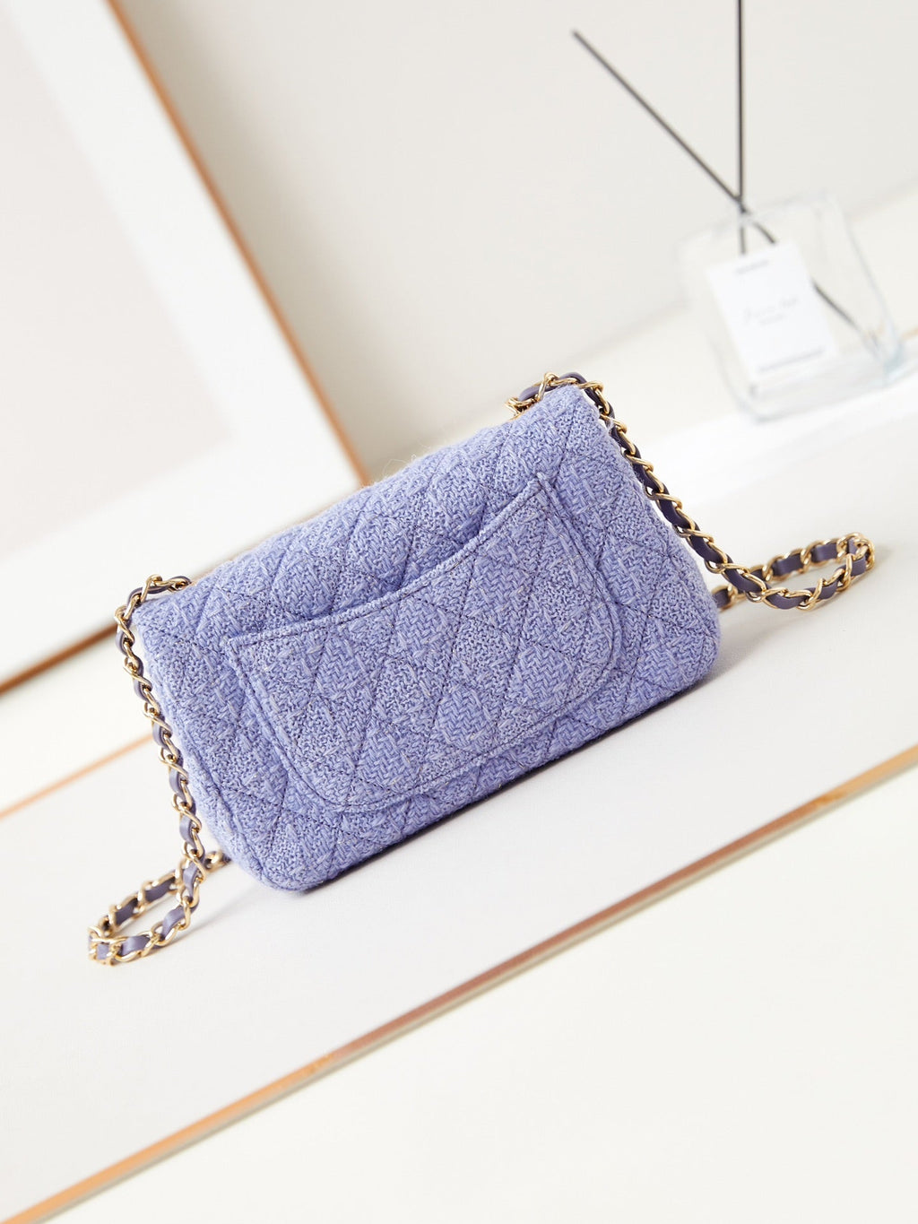 24P SMALL FLAP BAG 20CM PURPLE BLUE TWEED GOLD HARDWARE