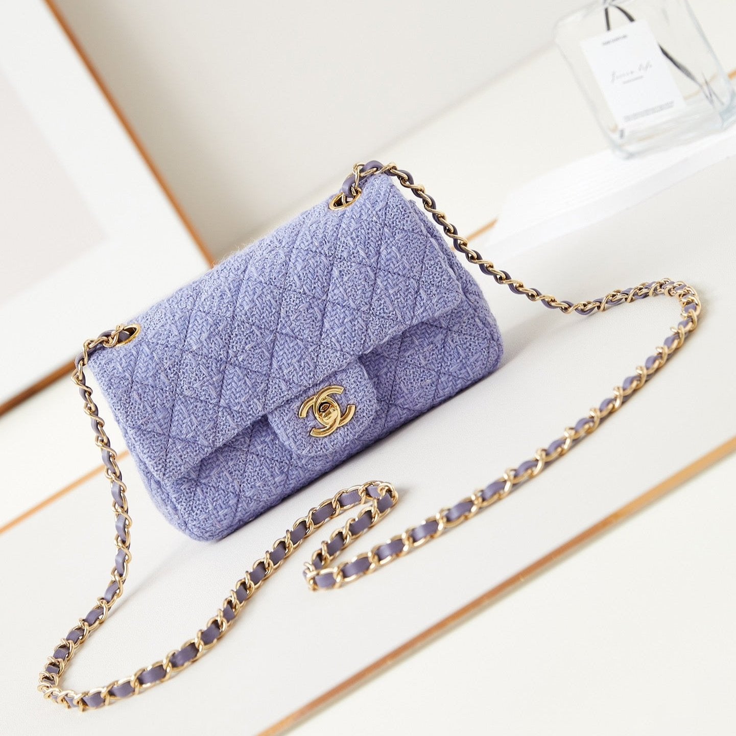 24P SMALL FLAP BAG 20CM PURPLE BLUE TWEED GOLD HARDWARE