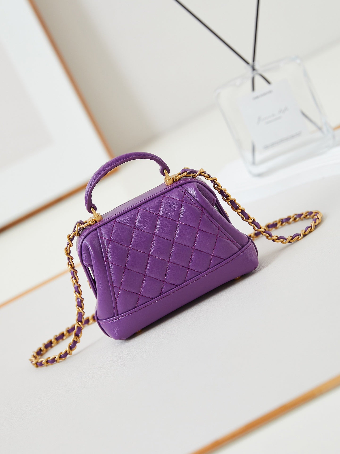 CC 24A MINI TOP HANDLE 13CM PURPLE WAX LEATHER GOLD HARDWARE 238457