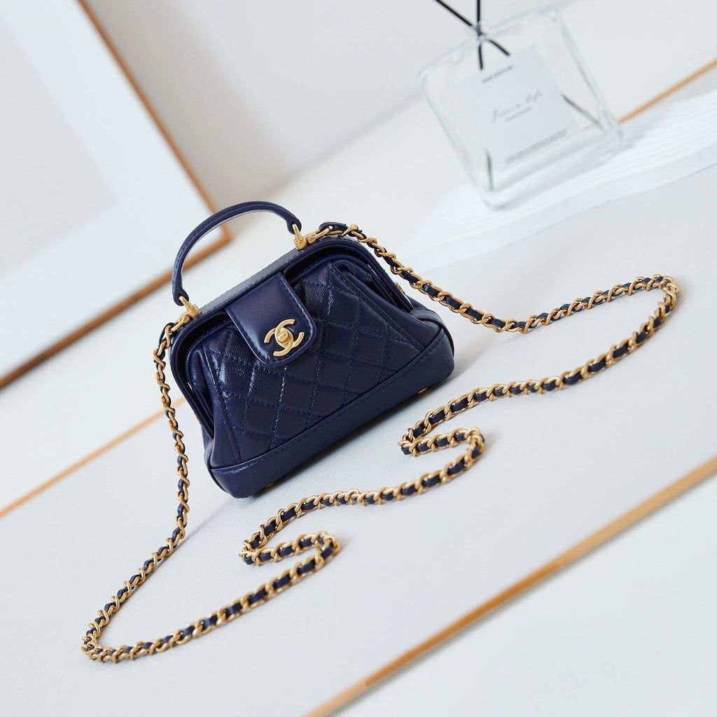 CC 24A MINI TOP HANDLE 13CM NIGHT BLUE WAX LEATHER GOLD HARDWARE 238459