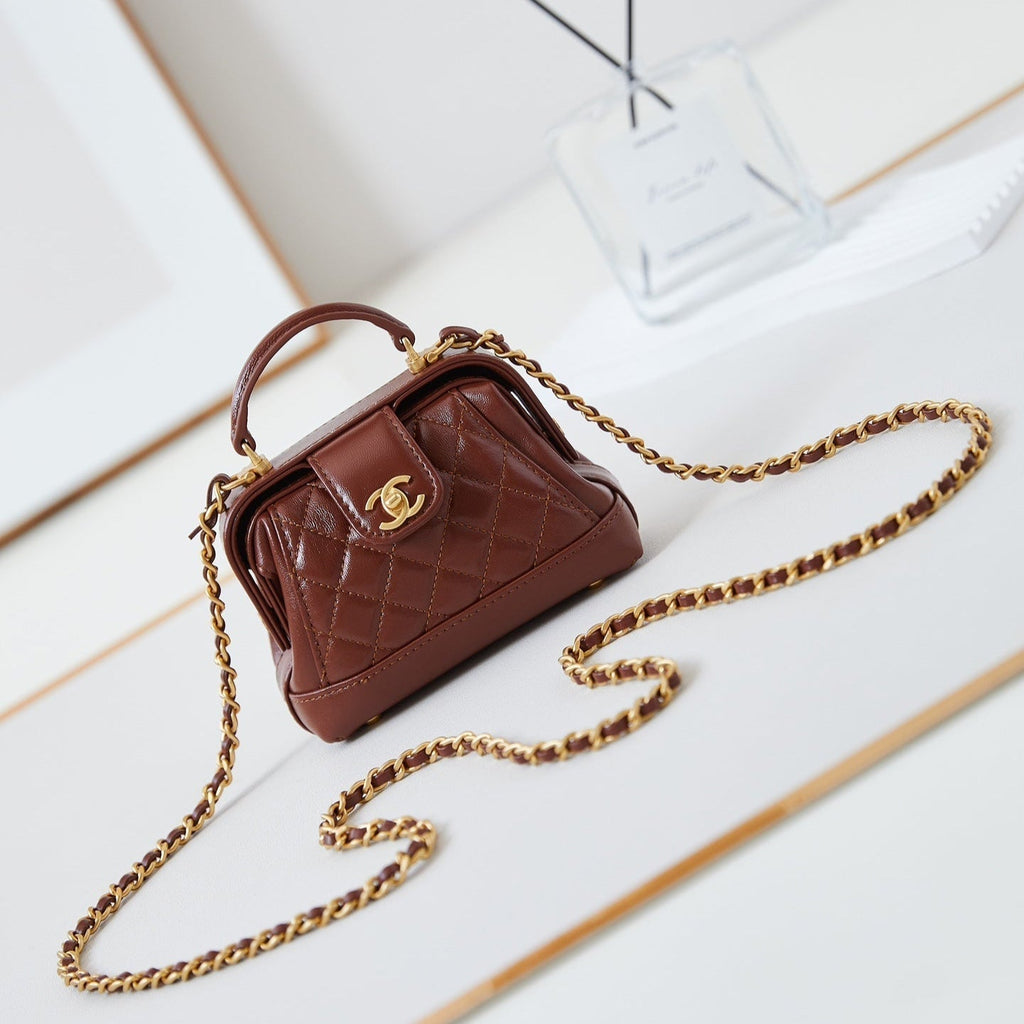 CC 24A MINI TOP HANDLE 13CM BROWN WAX LEATHER GOLD HARDWARE 238463