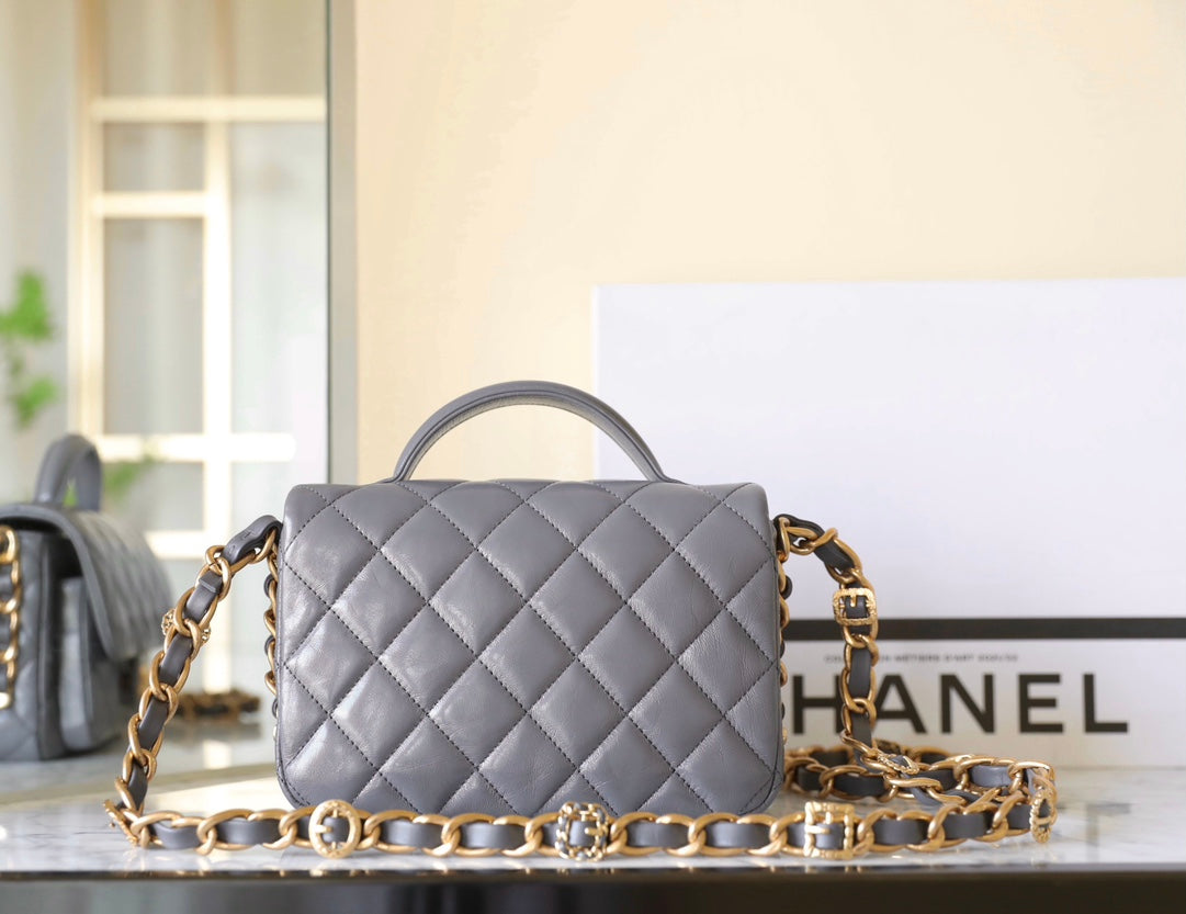 CC 24A FLAP BAG 20CM TOP HANDLE GREY LAMBSKIN GOLD HARDWARE