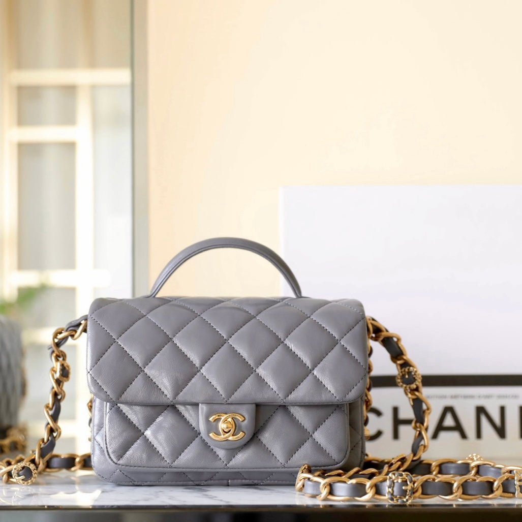 CC 24A FLAP BAG 20CM TOP HANDLE GREY LAMBSKIN GOLD HARDWARE