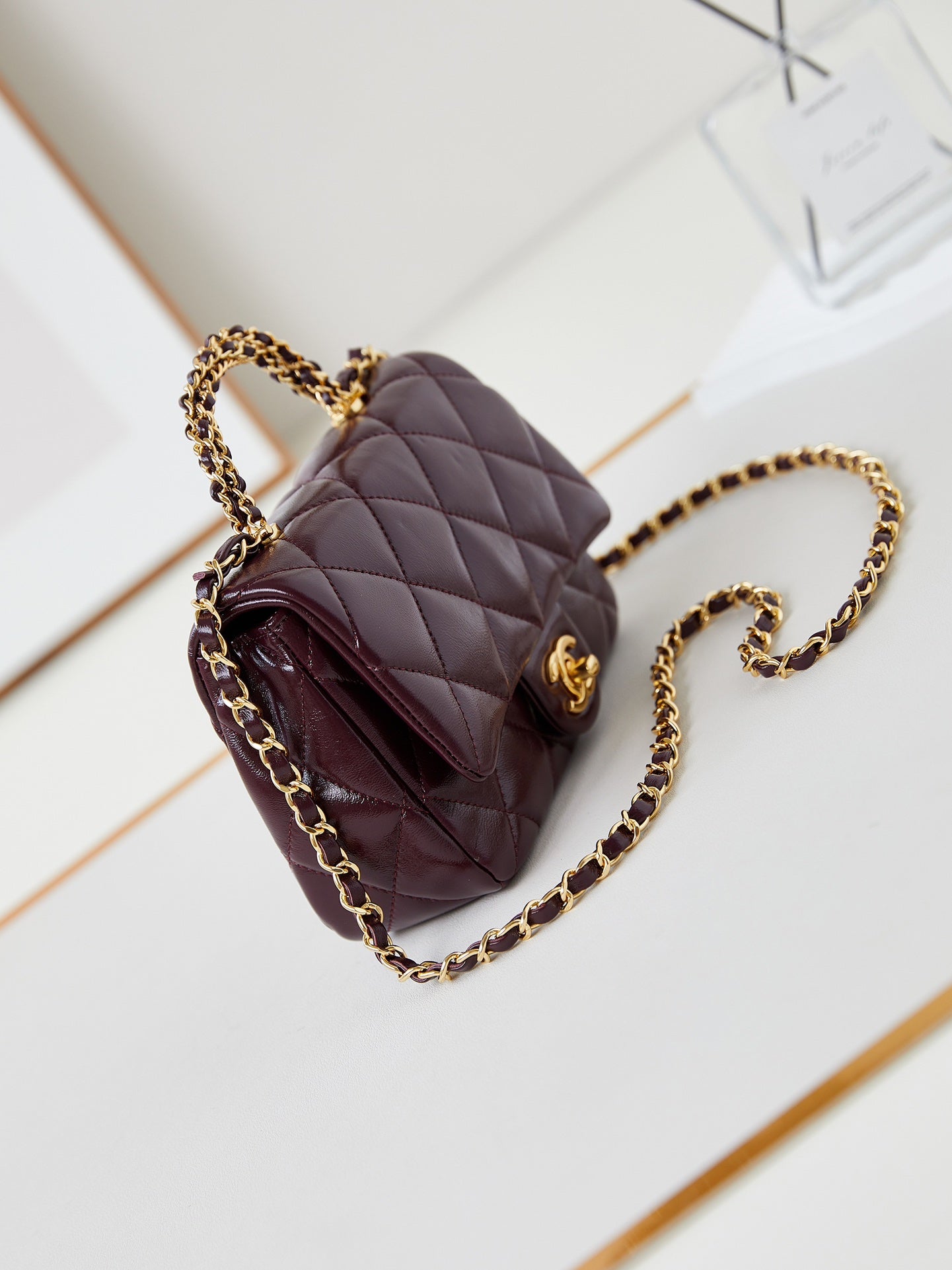 CC FLAP BAG WITH TOP HANDLE 19CM WINE RED SHEEPSKIN GOLD HARDWARE 238483