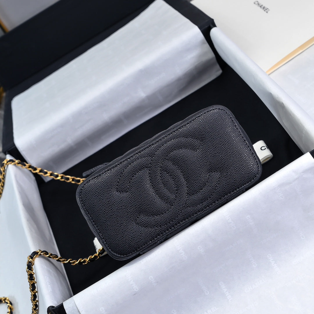 CC 24A VANITY TOP HANDLE 16CM BLACK GRAINED CALFSKIN GOLD HARDWARE