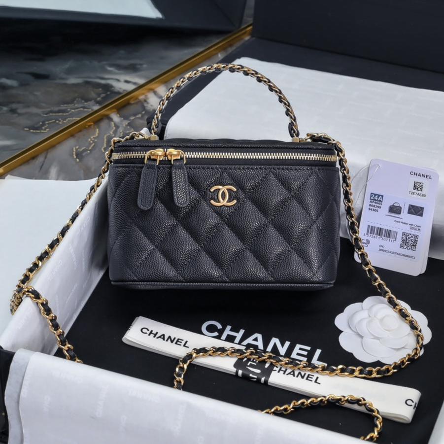 CC 24A VANITY TOP HANDLE 16CM BLACK GRAINED CALFSKIN GOLD HARDWARE