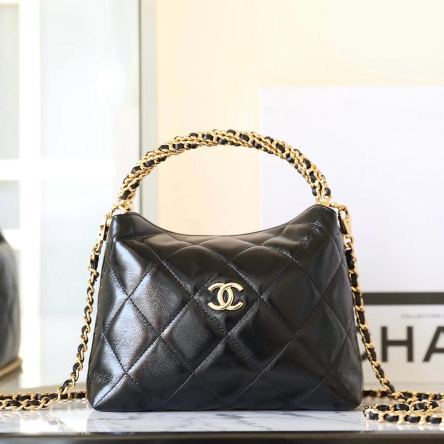 24B CLUTH WITH CHAIN BLACK LAMBSKIN GOLD HARDWARE