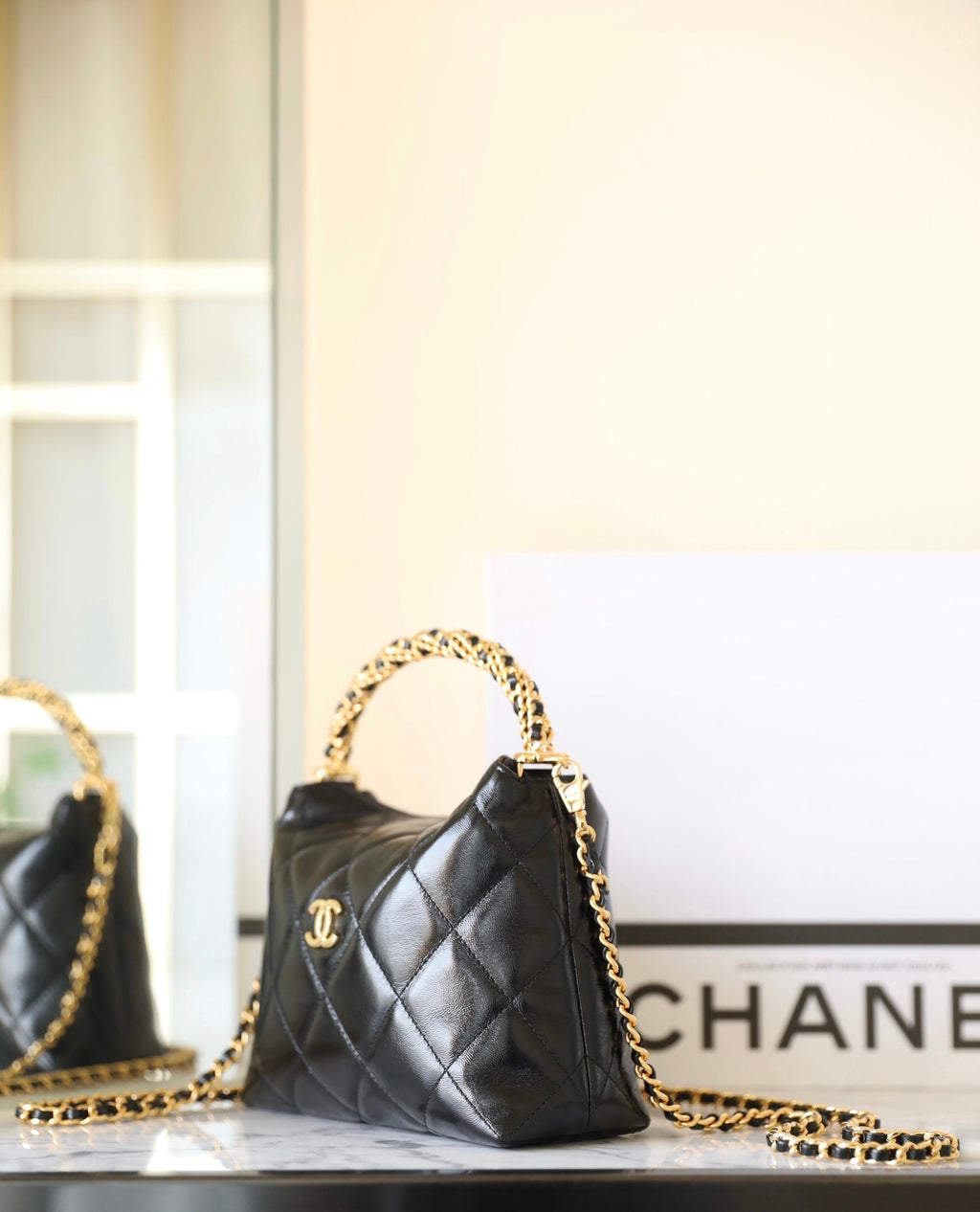 24B CLUTH WITH CHAIN BLACK LAMBSKIN GOLD HARDWARE