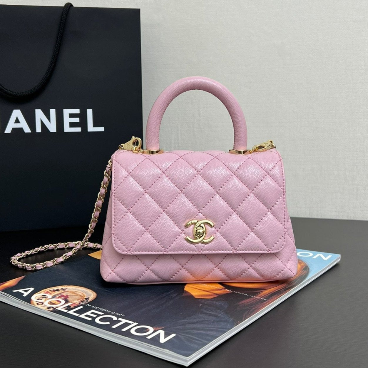 COCO HANDLE FLAP BAG 19CM PINK GRAINED CALFSKIN GOLD HARDWARE