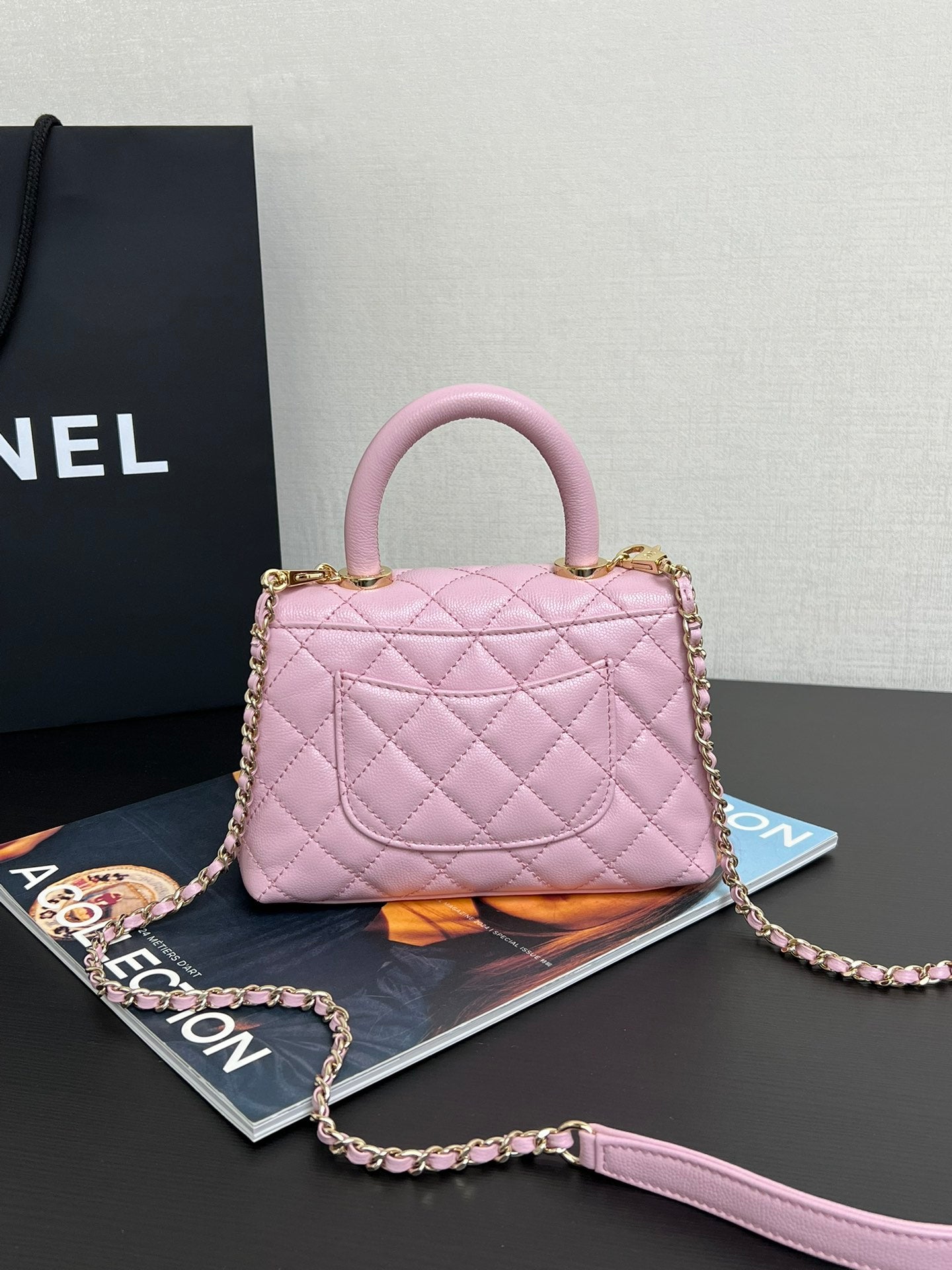 COCO HANDLE FLAP BAG 19CM PINK GRAINED CALFSKIN GOLD HARDWARE