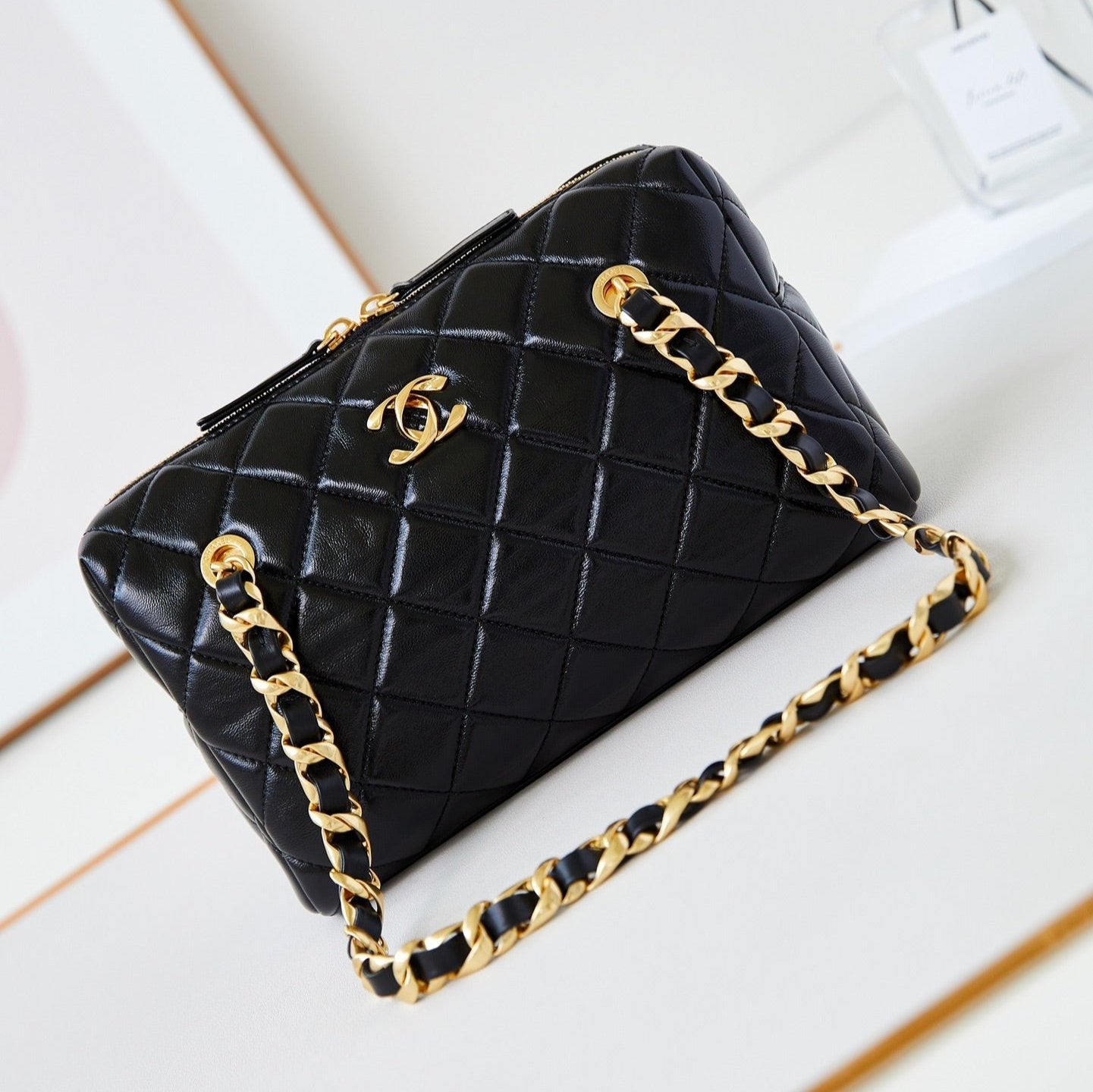 SAC BOWLING CC 24K 25CM EN CUIR D'AGNEAU CIRÉ NOIR