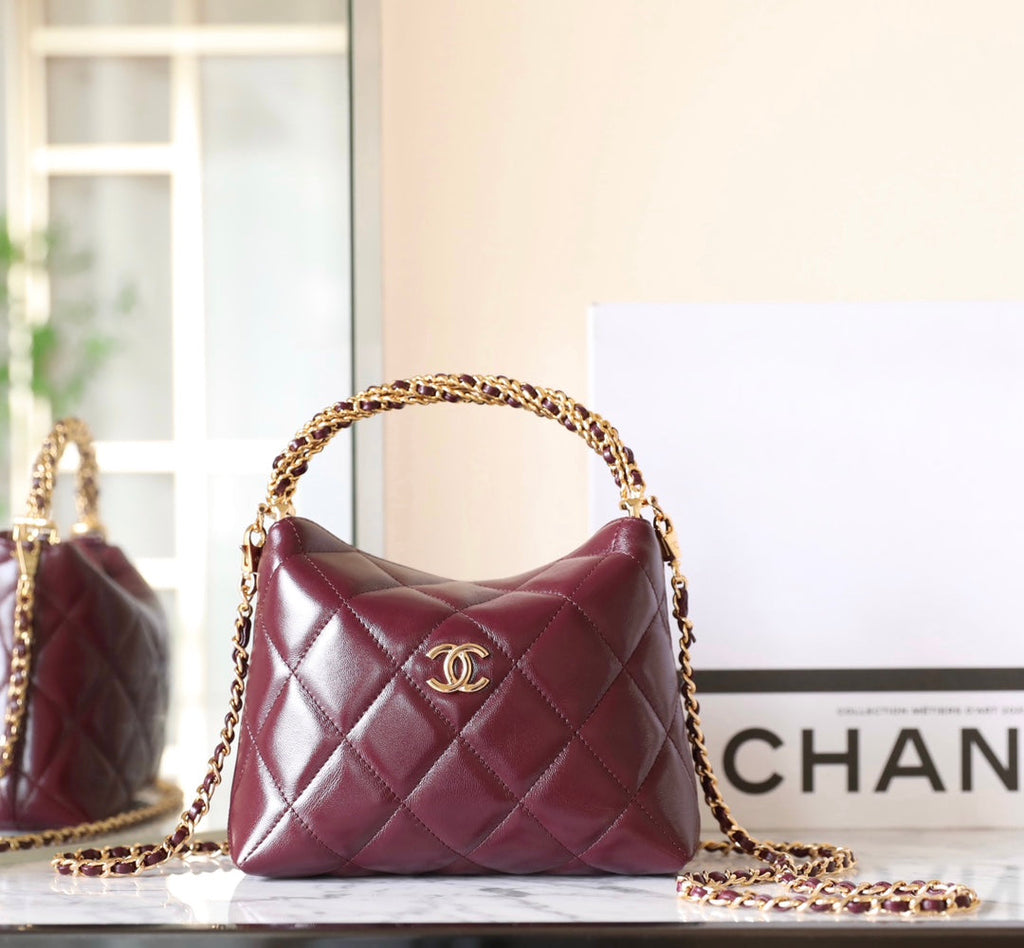 24B CLUTH WITH CHAIN BURGUNDY LAMBSKIN GOLD HARDWARE
