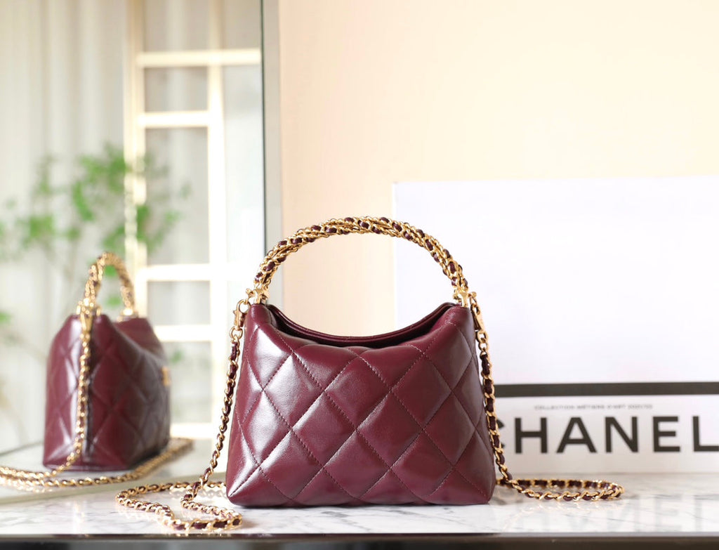 24B CLUTH WITH CHAIN BURGUNDY LAMBSKIN GOLD HARDWARE