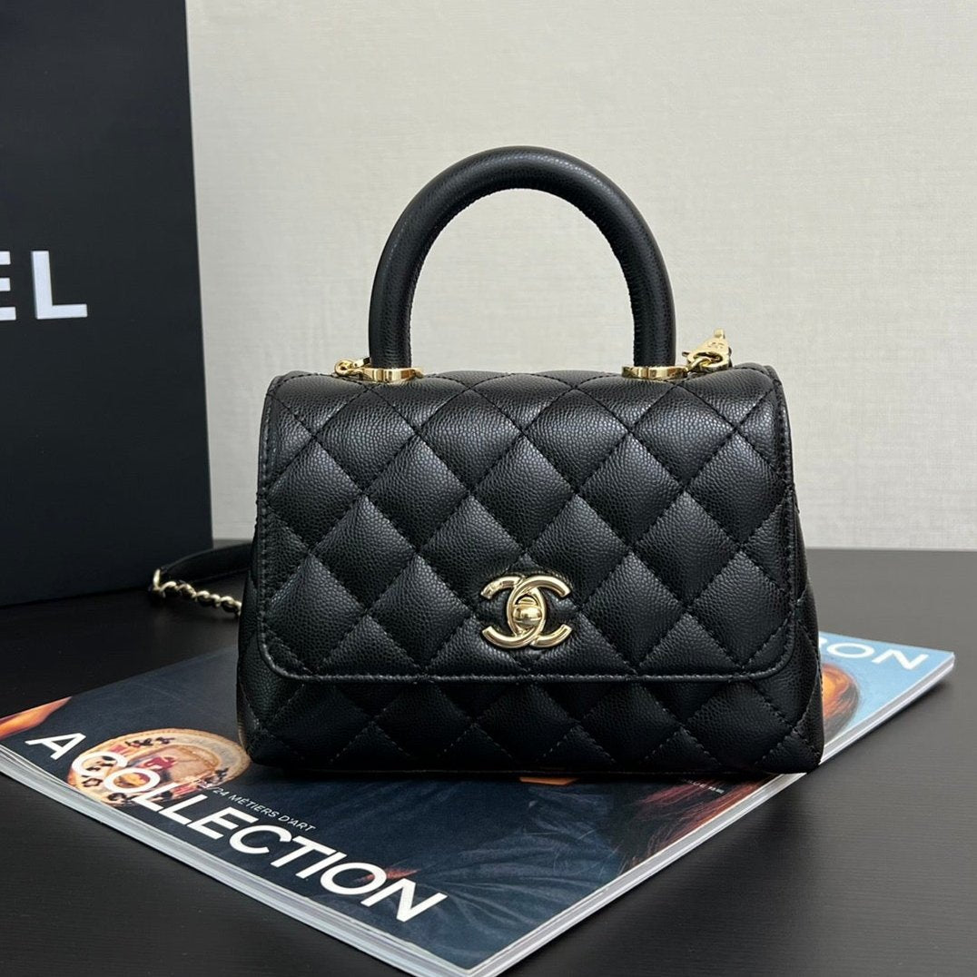 COCO HANDLE FLAP BAG 19CM BLACK GRAINED CALFSKIN GOLD HARDWARE