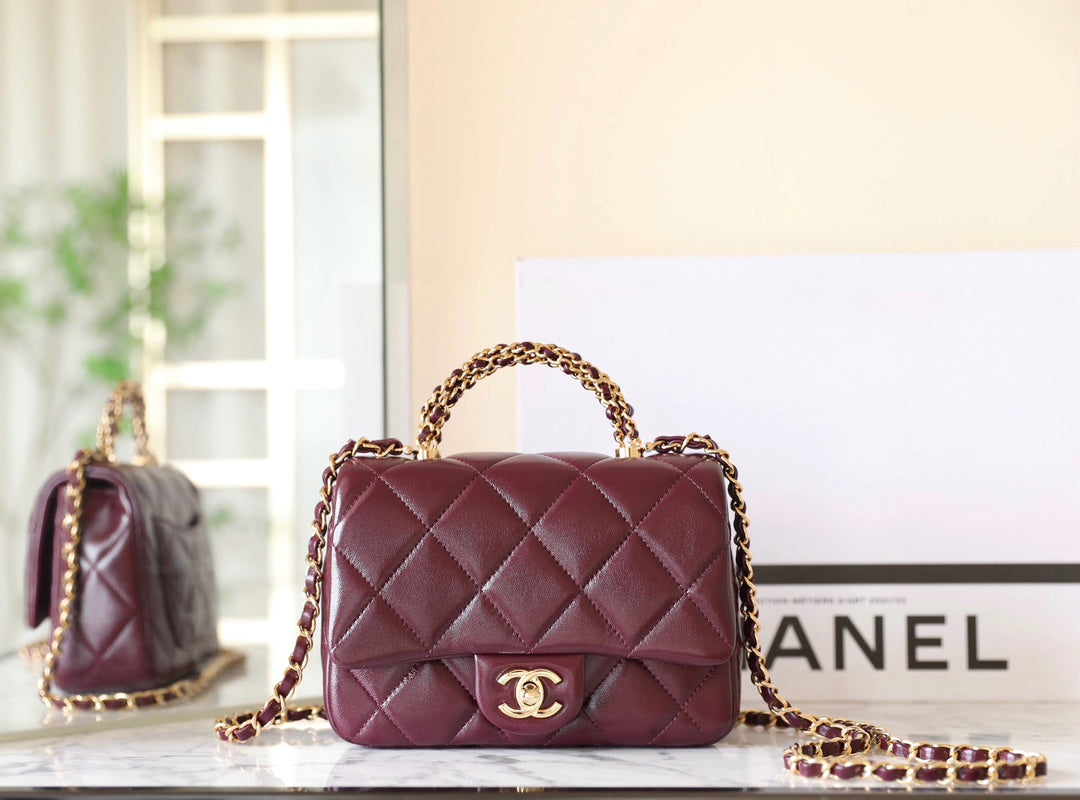 24B MINI FLAP BAG WITH TOP HANDLE 19CM BURGUNDY LAMBSKIN