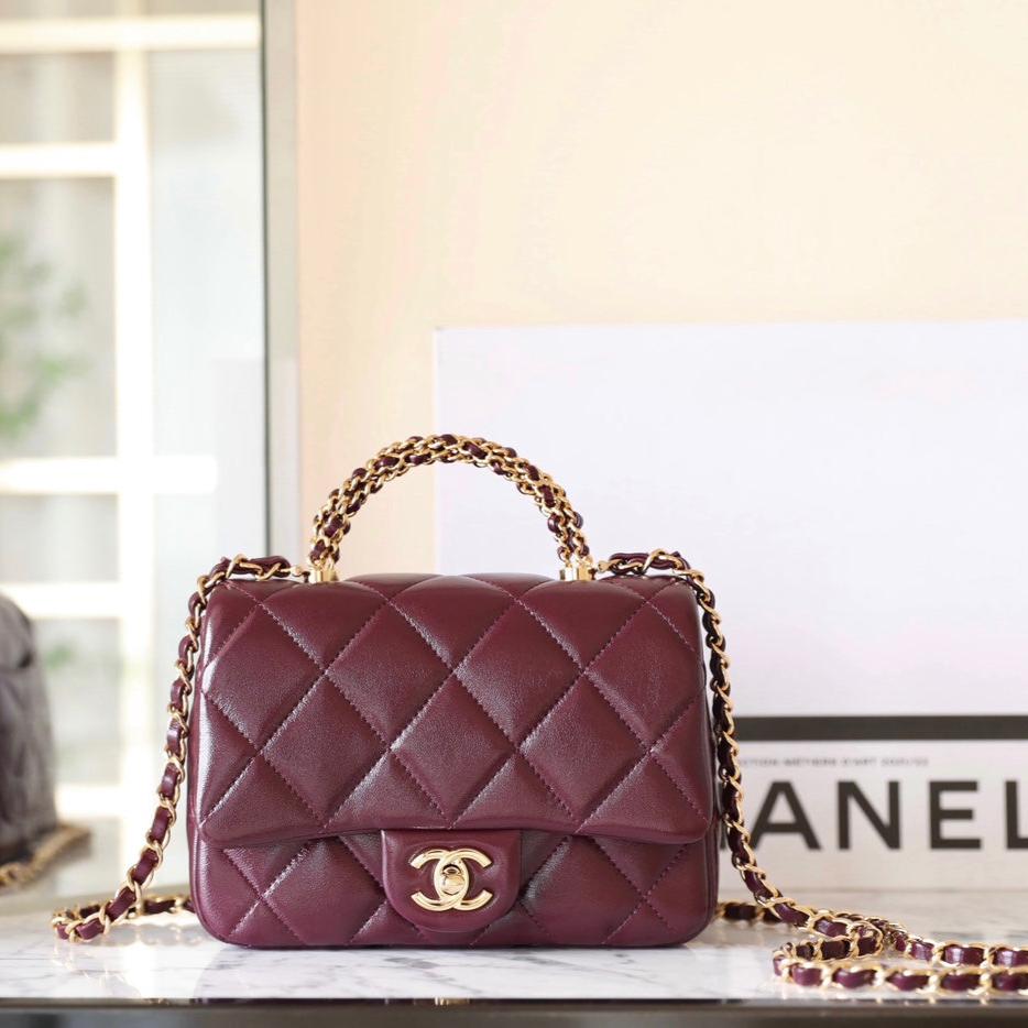 24B MINI FLAP BAG WITH TOP HANDLE 19CM BURGUNDY LAMBSKIN